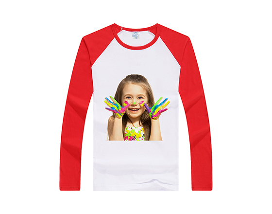 Sublimation Polyester Modal Red shoulder 185g Round Neck Long Sleeves Tshirt 